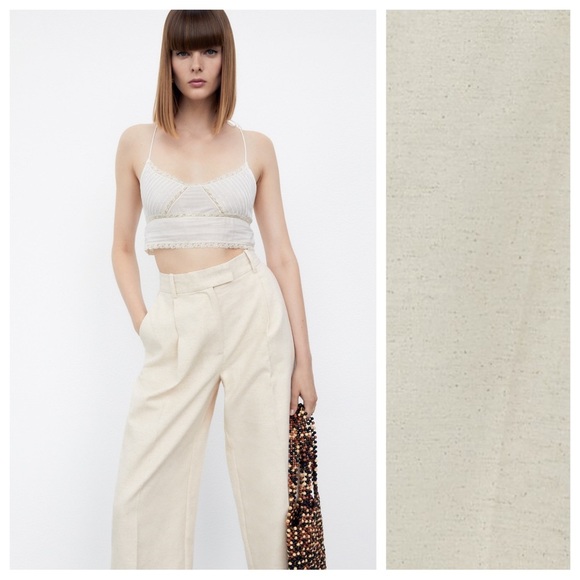 TWILL HIGHWAISTED WIDE LEG PANTS WITH CUT AND SEW AND PATCH POCKET DETAIL